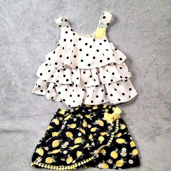 Little Lass 2 Piece White Polka Dot Top & Black Lemon Skort Outfit Size 3T